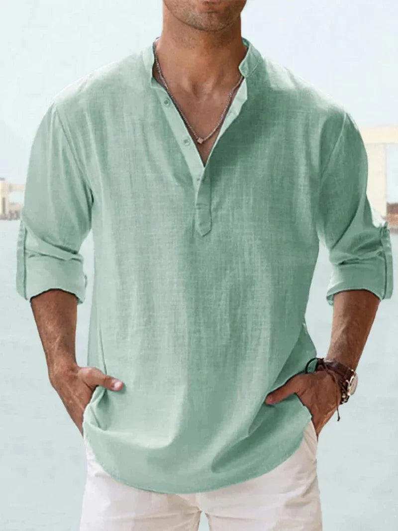 Easy care men's relaxed fit button-down summer shirt. Durable & comfortable for beachwear & warm weather.