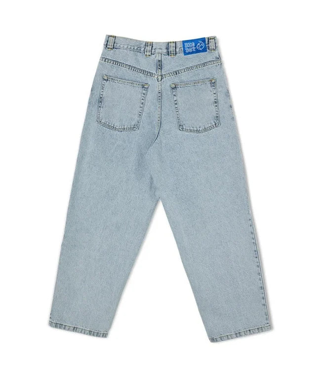 Back view of men's wide-leg denim pants, showcasing the relaxed fit and classic denim tailoring.