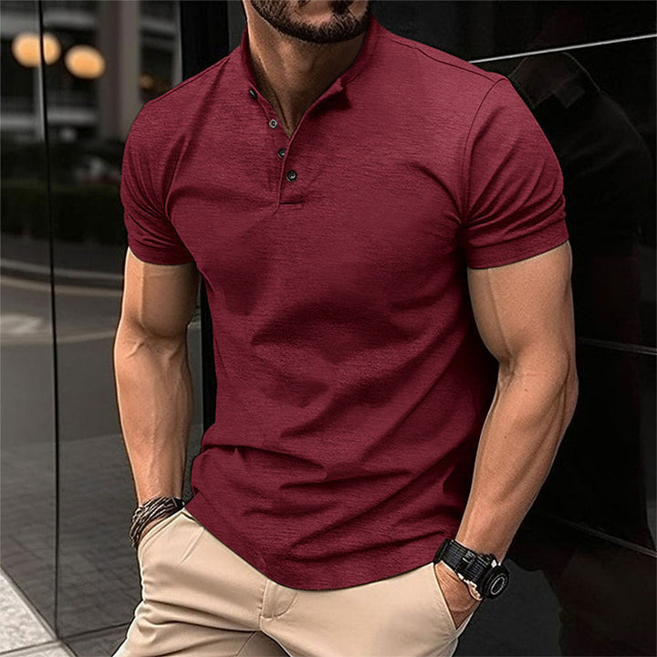 Casual men's short sleeve polo shirt, a versatile Henley design. Great for everyday comfort & style.