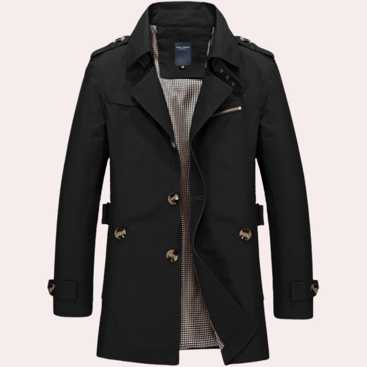 Full shot of a man wearing a stylish slim fit double-breasted trench coat, men's outerwear.