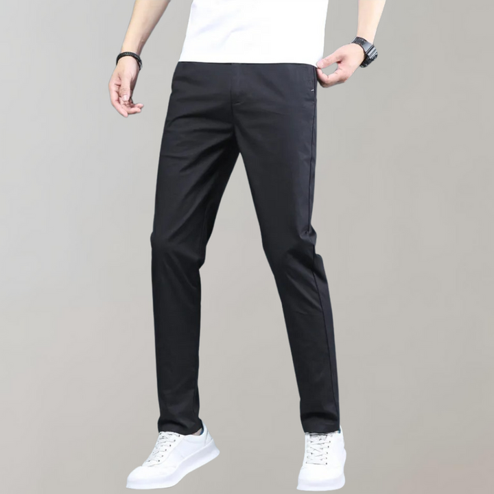 Close-up of fabric texture on men's comfortable slim-fit casual trousers