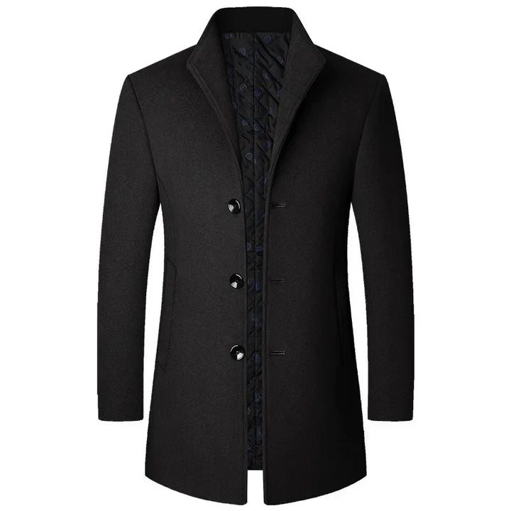 Detailed view of a men's sophisticated long overcoat, featuring button-front and elegant design.