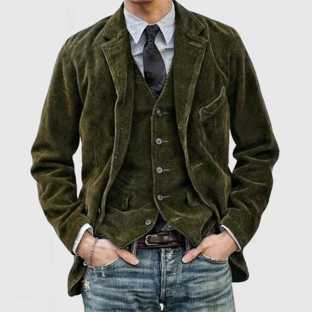 Tailored men's vintage blazer and matching vest set. Elegant menswear for a refined, classic style and multi-occasion wear.