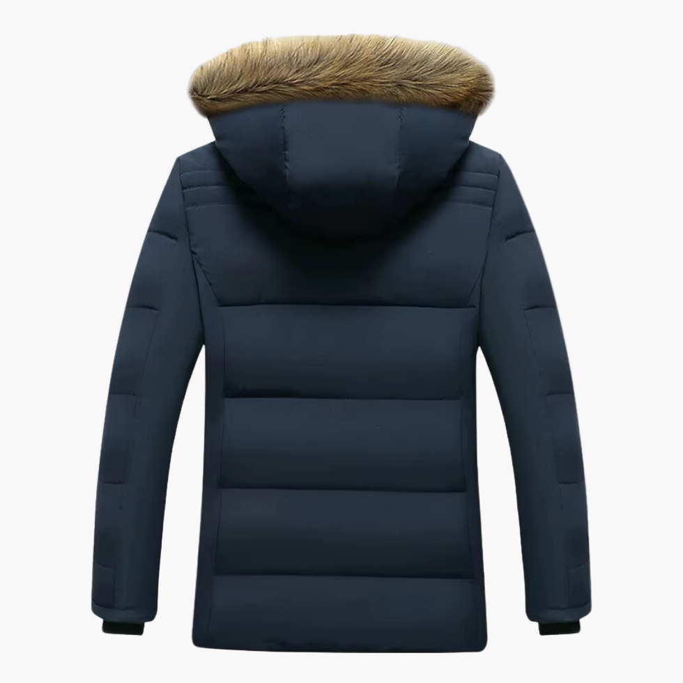 Men's arctic winter parka with large hood and fur trim, perfect for cold weather