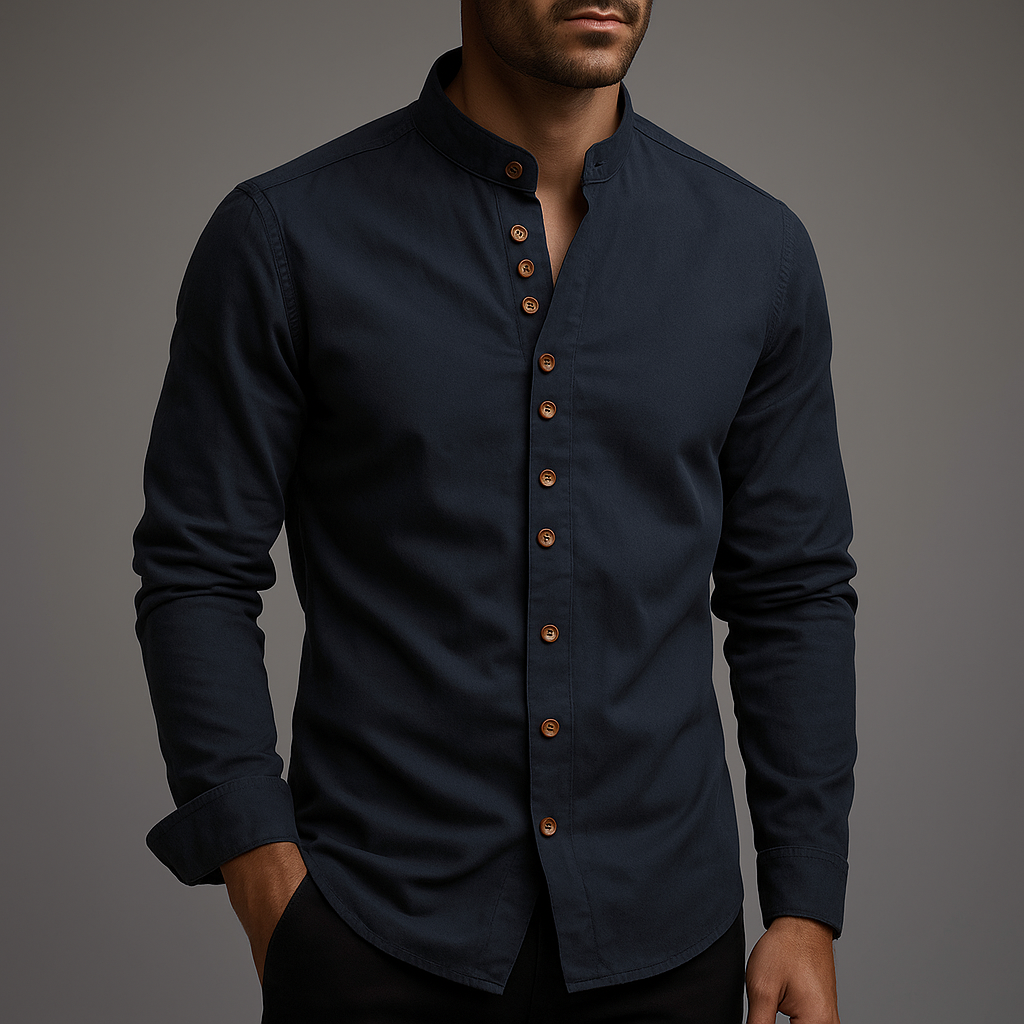 Men's white cotton-linen band collar shirt, front view, minimalist & breathable for summer
