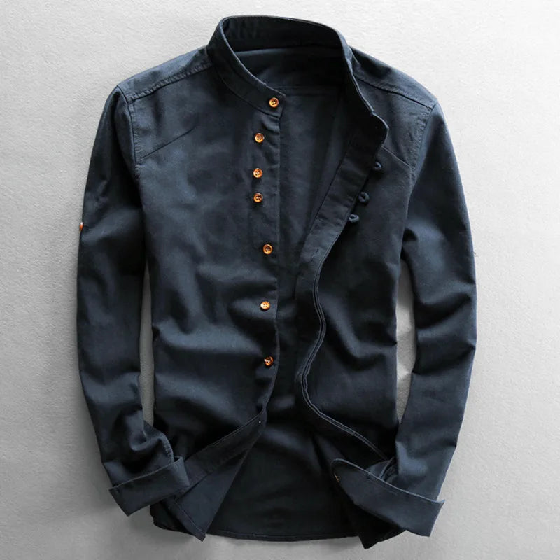 Back view of a plain white men's cotton-linen band collar casual shirt, breathable fabric