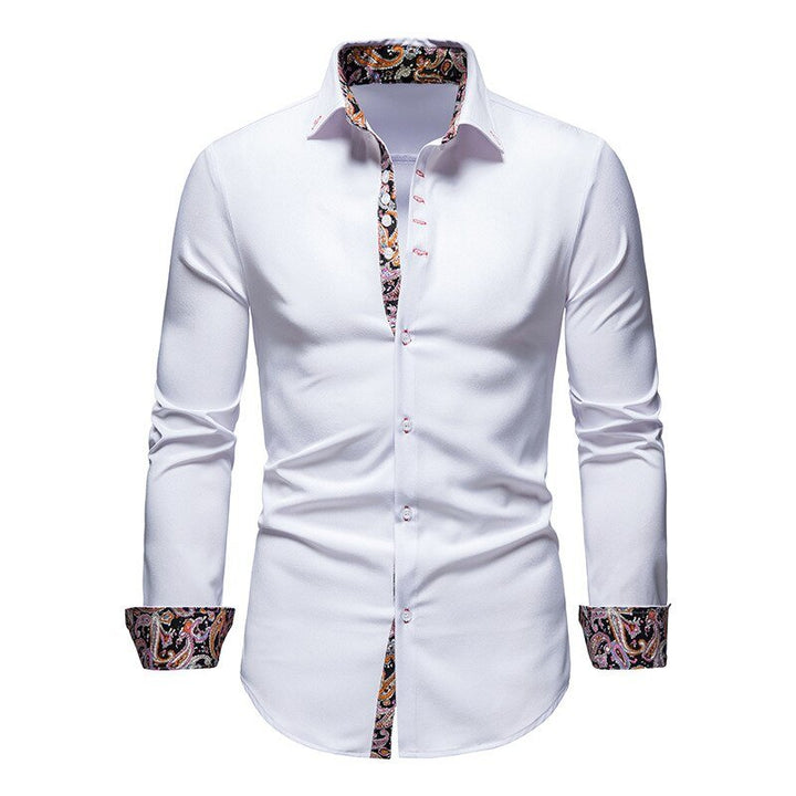 Men's white dress shirt with subtle floral cuff detail, a versatile button-down for formal or casual wear.