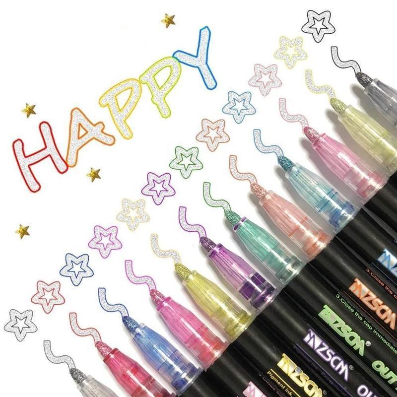 Set of metallic outline art marker pens in various colors, perfect for crafting and drawing.