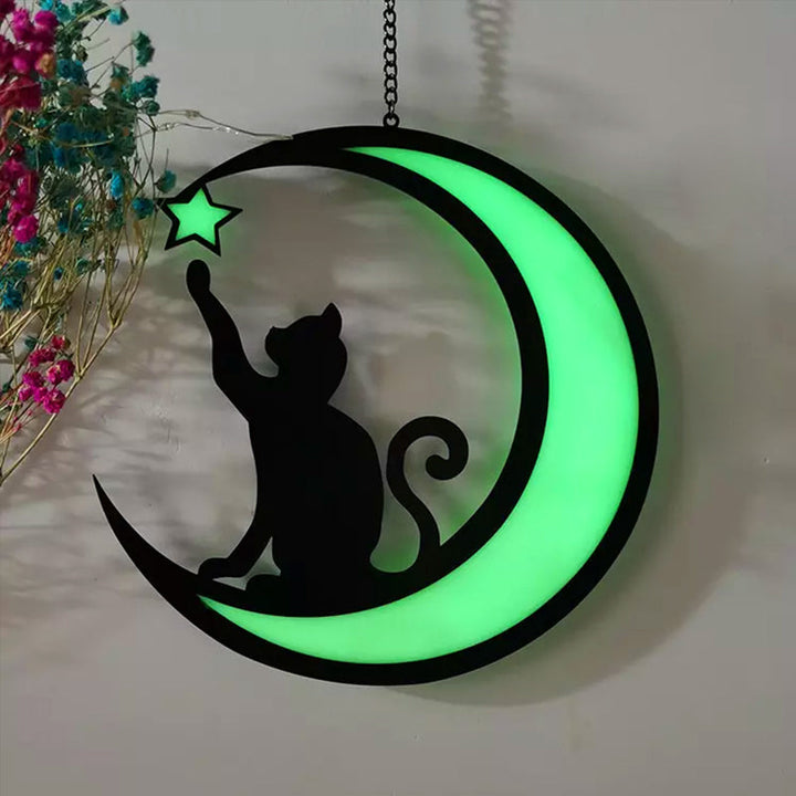 Detailed Moon Cat Stained Glass Suncatcher, a beautiful moon ornament & cat decor for any room