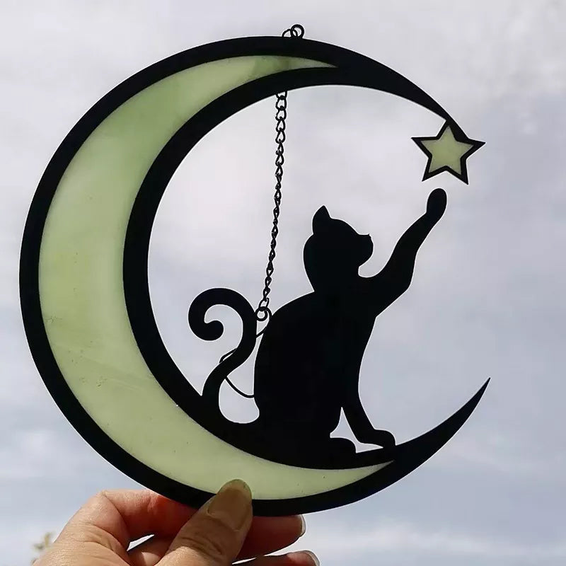 Stained glass effect cat and moon window hanging, lovely animal ornament & home decor item