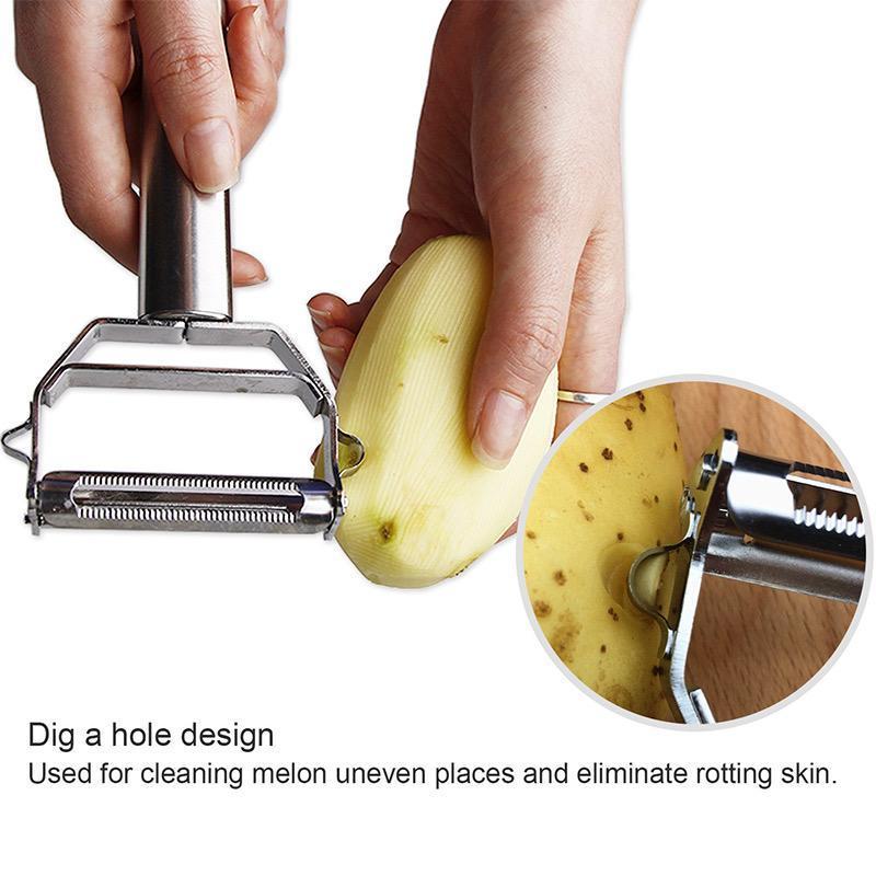 Two-in-one stainless steel vegetable peeler and julienne slicer, essential kitchen gadget for slicing.
