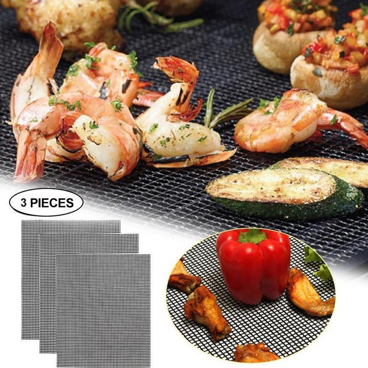 Non-stick BBQ grill mat set for outdoor cooking, reusable and easy to clean kitchen accessory