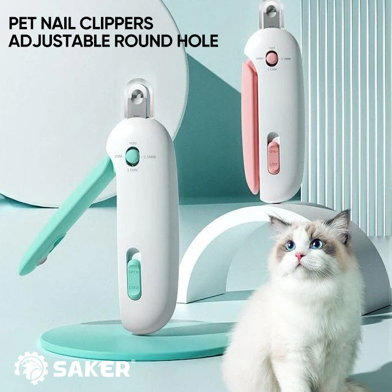 Side view of the adjustable pet nail clippers, highlighting the aperture change and safety lock