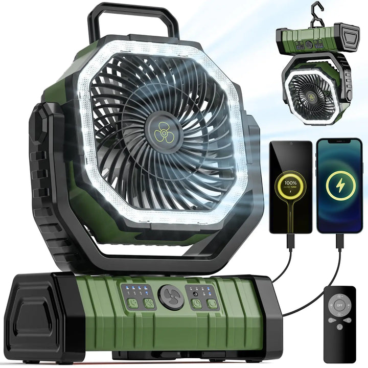 Portable camping fan with powerful airflow, LED light, and 20000mAh power bank for outdoor use.