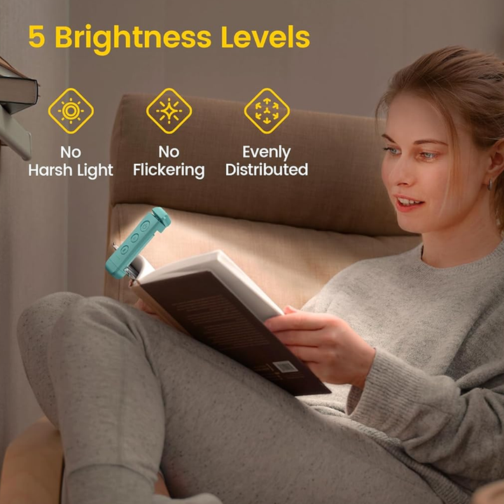 Clip-on LED reading light attached to a hardcover book, ideal for nighttime reading