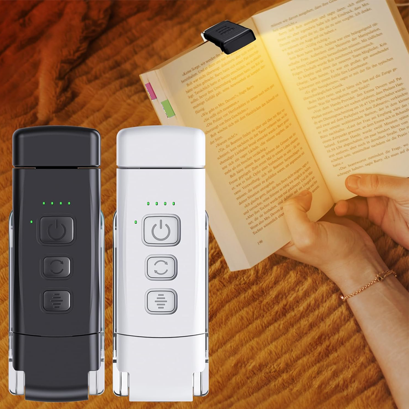 Black clip-on LED reading light, highlighting its sleek design and portability for readers