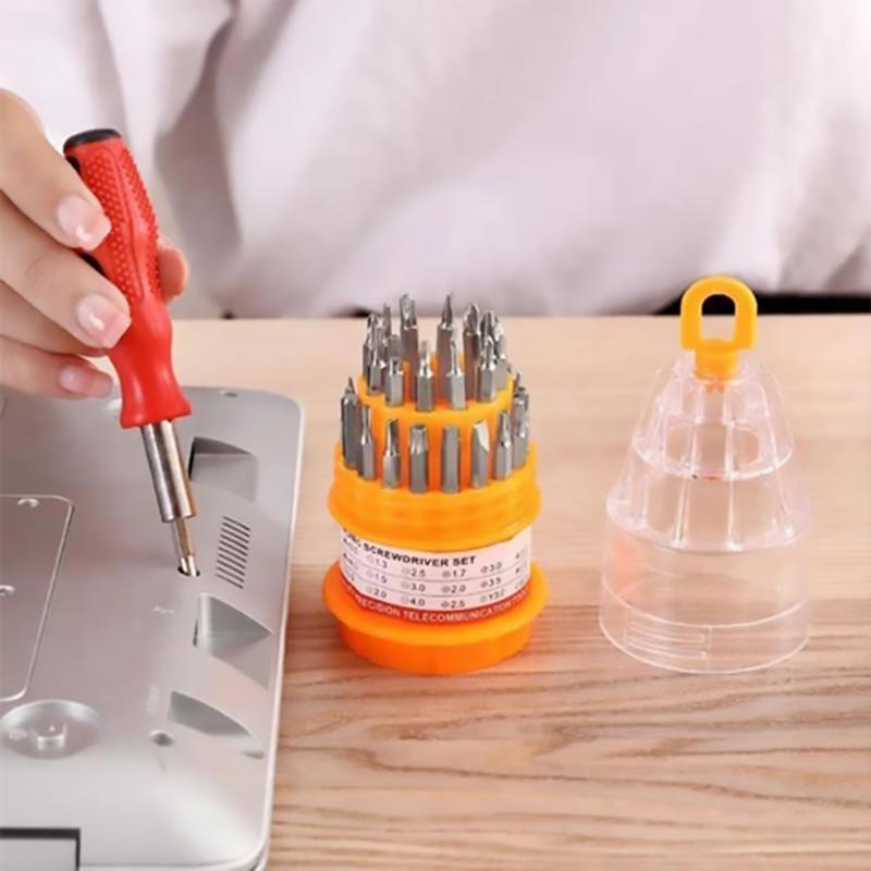 Compact 31-in-1 multipurpose screwdriver set with various heads for home improvement tasks