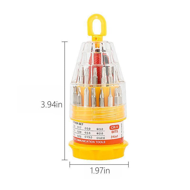 Ergonomic handle and 31 interchangeable bits in a precision screwdriver set for hand tools
