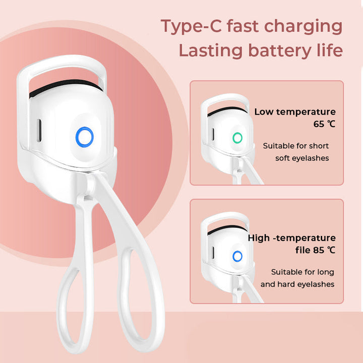Compact rose gold heated eyelash curler with protective cap, perfect for women's beauty routine