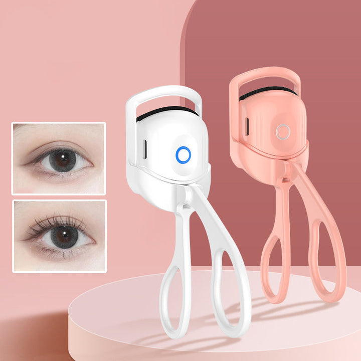 Before and after photo demonstrating the dramatic lash lift from using the heated eyelash curler