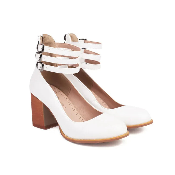 Front view of red triple strap block heel pumps for women, fashionable and stable