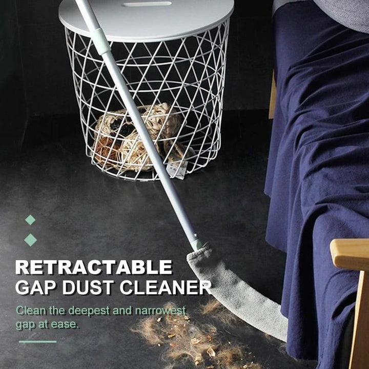 Compact retractable gap mop with microfiber head, effective for dusting tight spaces and under furniture