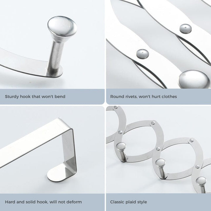 Packaging shot of the retractable over-the-door metal hook rack, highlighting key features