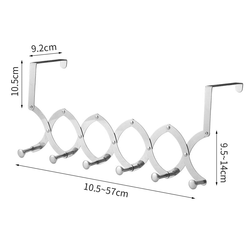 Over-the-door storage solution: retractable metal hook rack in a hallway for coats & accessories