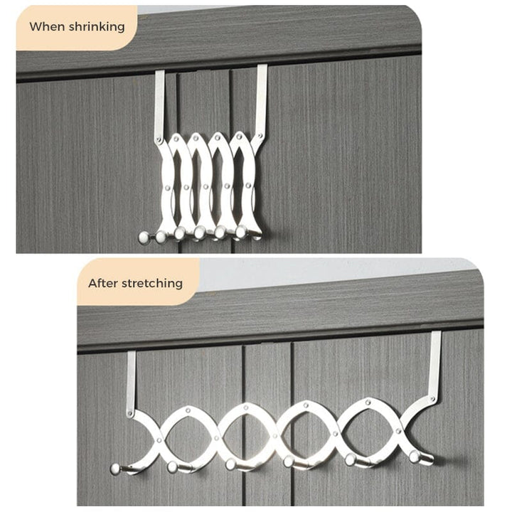 Close-up of the stainless steel hooks on a retractable over-the-door coat rack, durable design