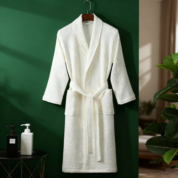 Lightweight women's waffle knit robe in white, ideal for comfortable lounging