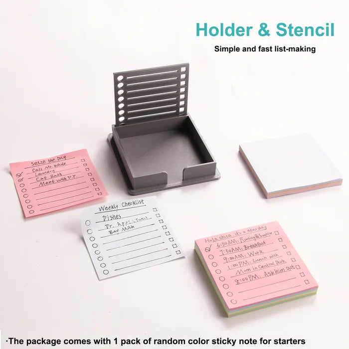 Desk organizer featuring a sticky note dispenser and integrated stencil template for creative projects.