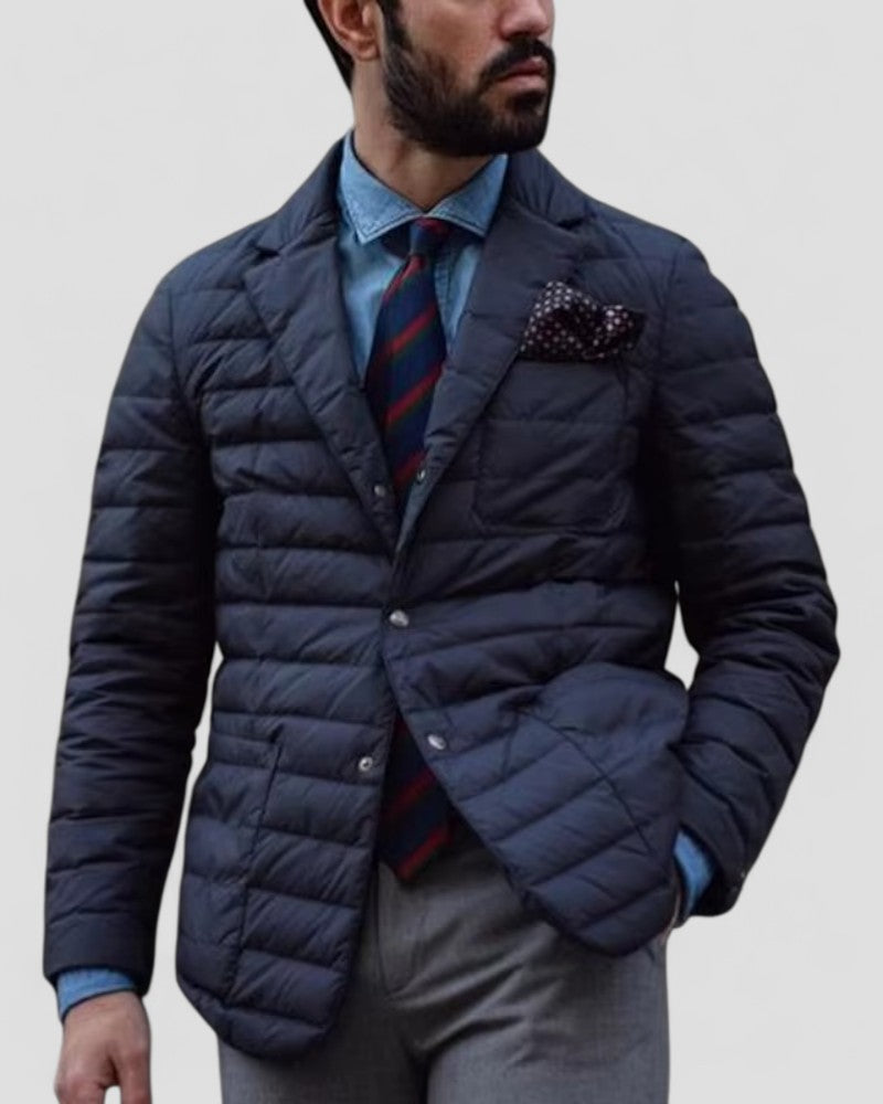 Stylish men's dark blue smart quilted jacket, perfect for fall and winter outerwear, offering comfort and modern fashion.