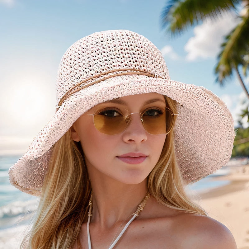 Lightweight women's wide brim woven straw hat for ultimate summer comfort & UV sun protection.