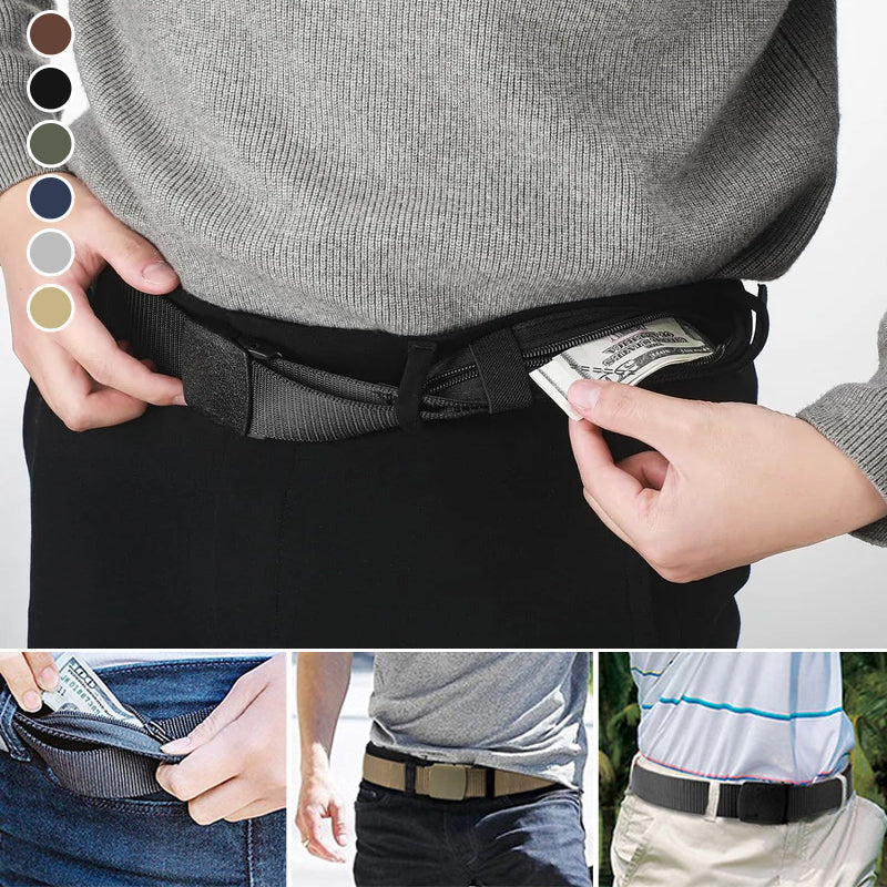 Travel security belt for men & women, features a discreet zippered pocket for valuables.