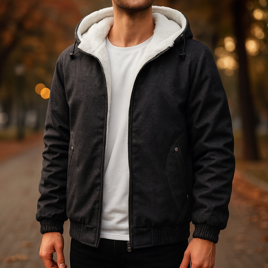 Warm gray unisex hooded jacket, fleece-lined, ideal casual outerwear for winter season.