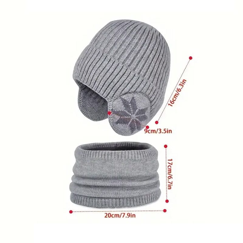 Youth wearing a fashionable indigo knit beanie and scarf set, fleece-lined for warmth