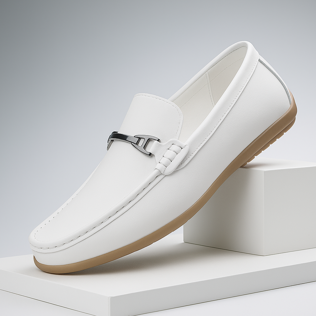 Man wearing unisex black leather loafers with formal trousers, demonstrating their elegant look.
