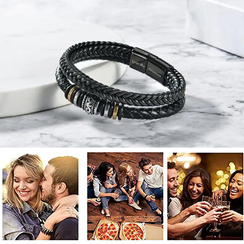 Men's leather bracelet featuring a braided double row and secure stainless steel clasp, ideal gift for son.
