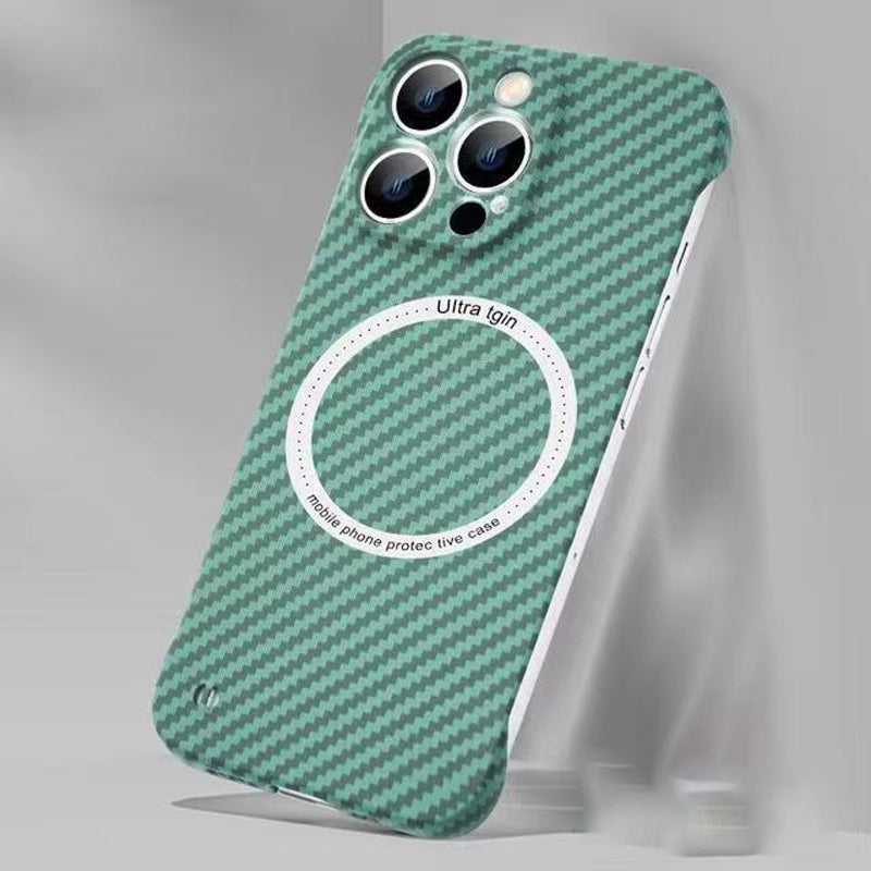 Unisex iPhone case, carbon fiber texture, magnetic charging, and frameless design