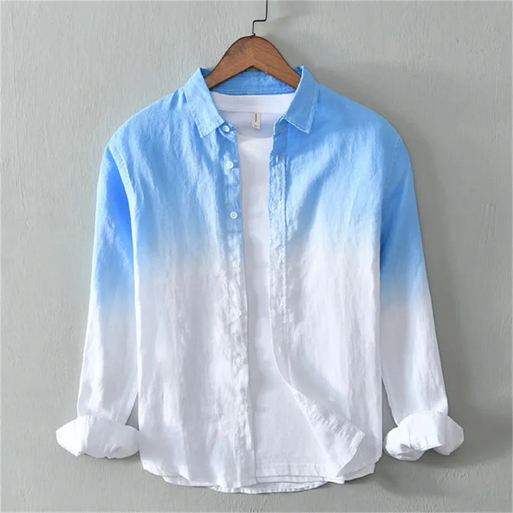 Lightweight unisex dip dye shirt with ombré gradient, perfect casual button down for summer.