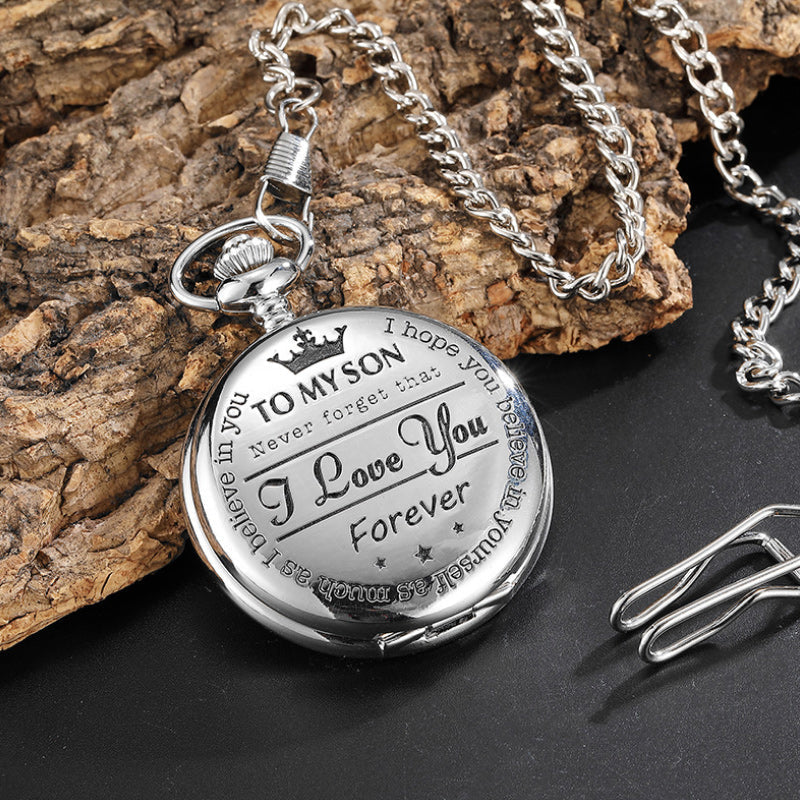 Pocket watch for men, silver quartz with personalized engraving, thoughtful grandpa gift