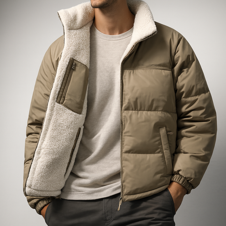 Unisex fleece-lined puffer jacket, black, full view, perfect for winter warmth and casual wear.