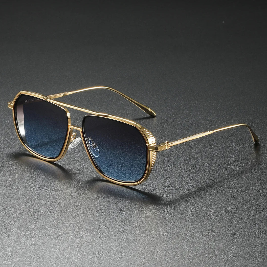 Geometric sport sunglasses with dark gradient lenses, enhancing style and sun protection