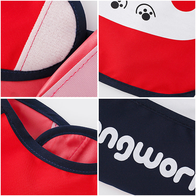 Mess-proof feeding: red long sleeve waterproof bib with food catcher pocket, soft polyester for baby's comfort