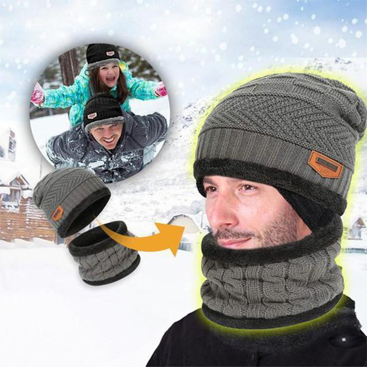 Close-up of the chunky knit texture of the unisex beanie and scarf set, highlighting the soft, fleecelined interior.