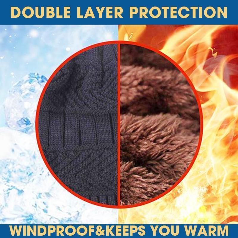 Lifestyle image of the beanie and scarf set in a snowy environment, illustrating its warmth and durability for winter activities.