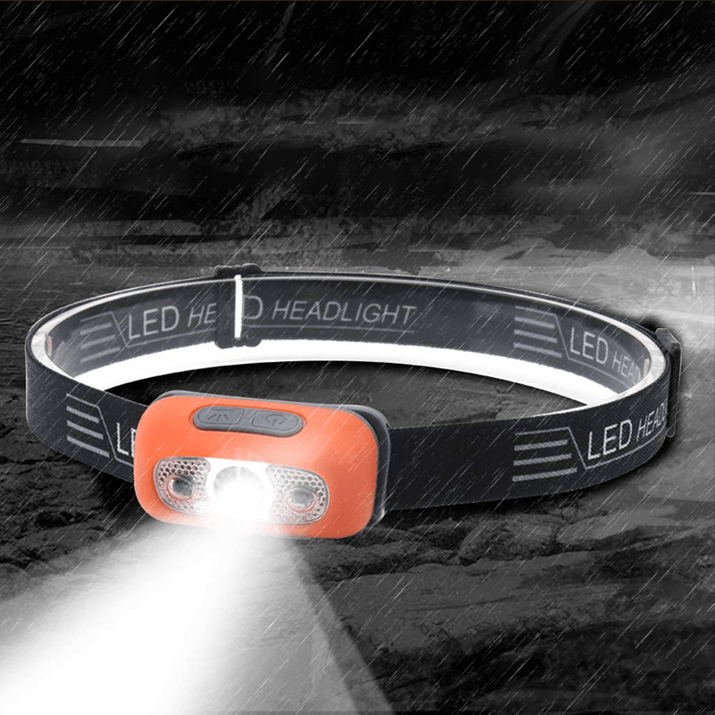 Rechargeable LED headlamp, unisex design, perfect for outdoor activities with motion sensor control.