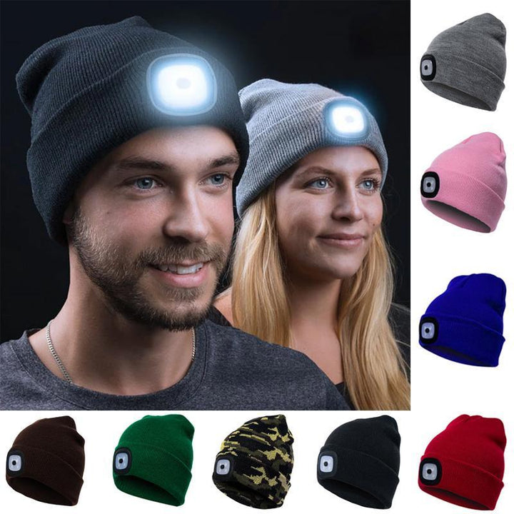Unisex LED knitted winter beanie hat, bright white light for outdoor activities, close-up knit texture