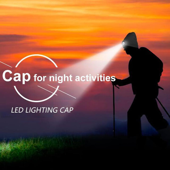 Close-up of integrated LED lights on a knitted winter beanie hat, durable fabric, rechargeable battery pack