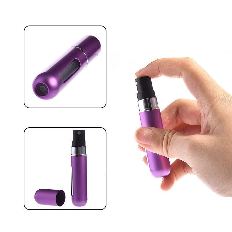 Compact refillable fragrance bottle, 5ml, sleek pink, essential beauty accessory for travel